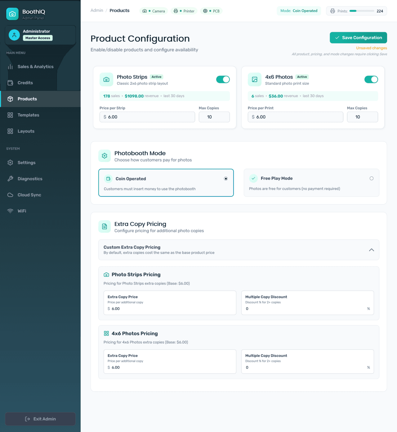 BoothIQ Product Configuration showing pricing controls and operating modes