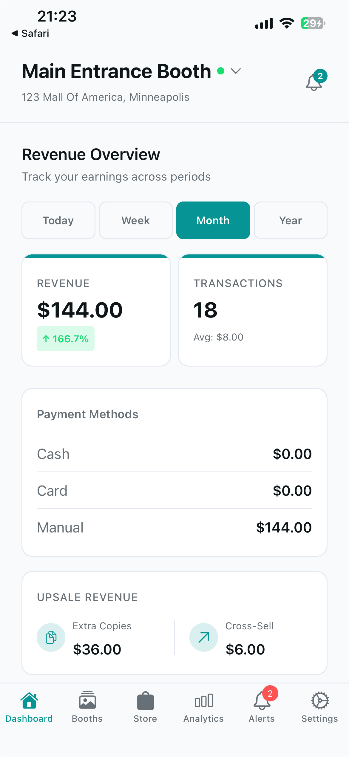 BoothIQ mobile app — single booth revenue and upsell detail